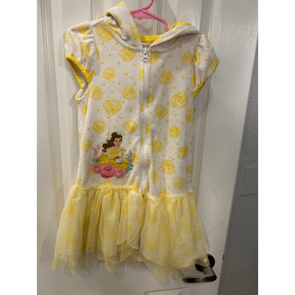 Disney Store‎ Belle Swim Cover Up Yellow Rose Tulle Hooded Zip Dress 5/6 Kids